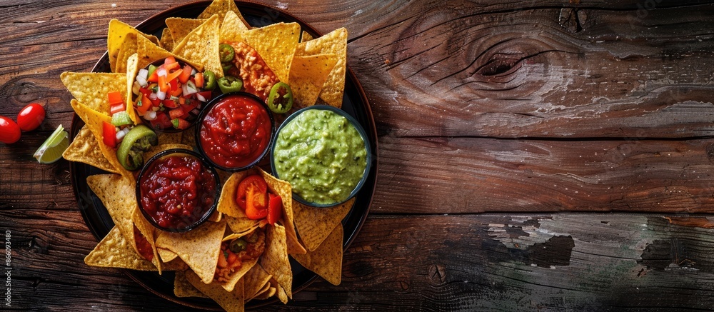 Poster A display of nachos positioned centrally in the photograph, captured horizontally with a textured layer, creating an appealing copy space image.