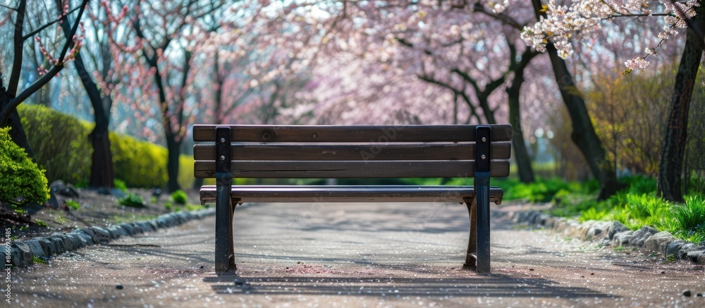 Leinwandbilder an empty bench with no people around in a garden, set against a backdrop of blossoming cherry blosso