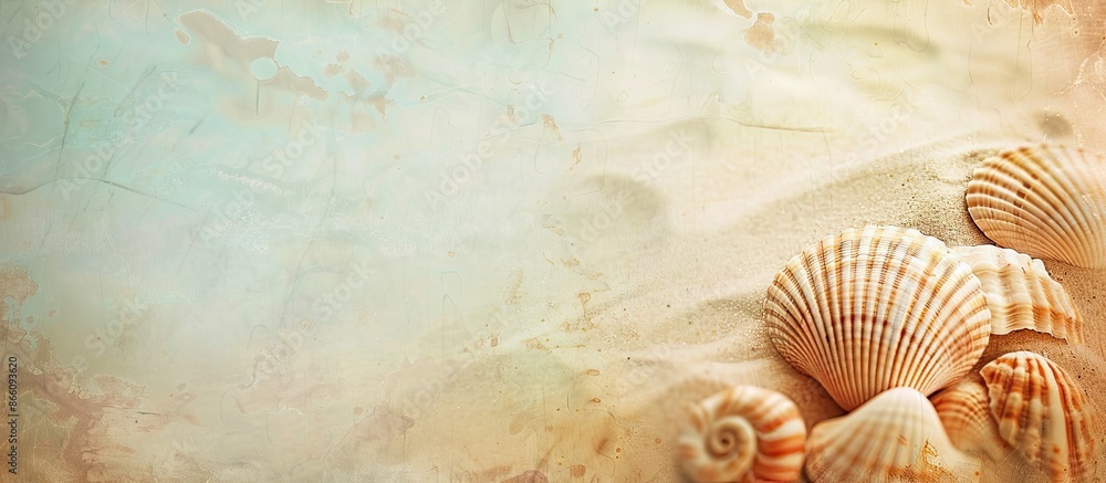 Leinwandbilder Sand beach copy space image with a seashell texture, presenting an abstract background. Evokes a summer vacation and travel relaxation theme, enhanced with a vintage tone filter effect.