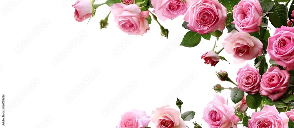 Poster pink roses arranged along the border with a white background, suitable for copy space image.
