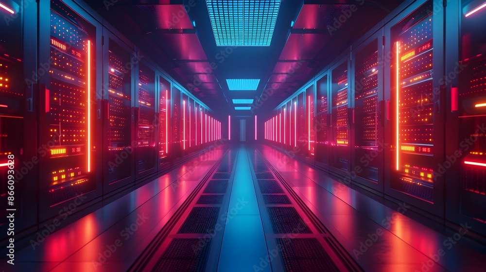 Poster futuristic data center with rows of glowing servers and advanced cooling systems in a sleek modern d