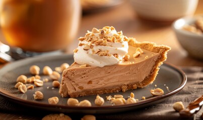 a slice of peanut butter pie with whipped cream topping and crushed peanuts, served on a plate with a background setting of a beverage and cookies
