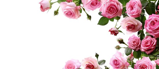 Fototapeta premium Pink roses arranged along the border with a white background, suitable for copy space image.