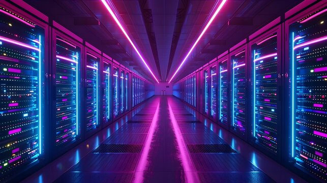 Futuristic Data Center with Glowing Servers and Sleek Modern Design