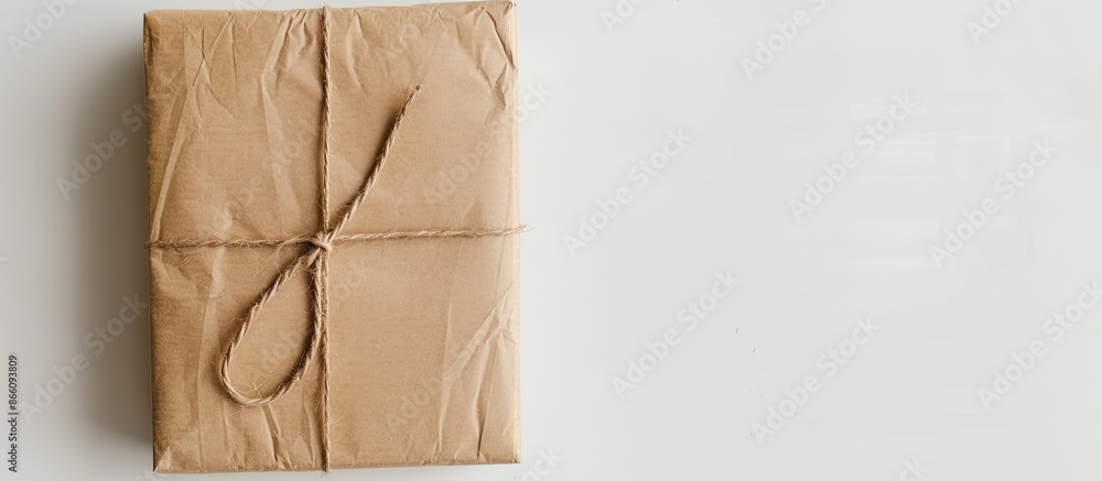 Aufkleber package wrapped in brown kraft paper against a white backdrop with copy space image.