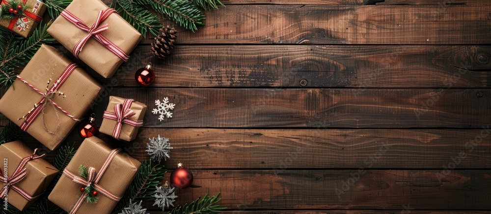 Aufkleber xmas gifts displayed on a wooden background with fir tree branches, a festive border, and room for a