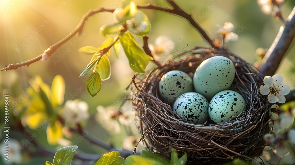 Poster newly constructed nest with eggs nestled in tree branch symbolizing home and new beginnings