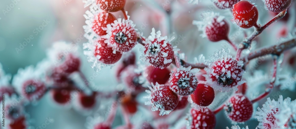 Poster frozen red berries covered in hoarfrost on a chilly winter day, creating a picturesque scene with a 