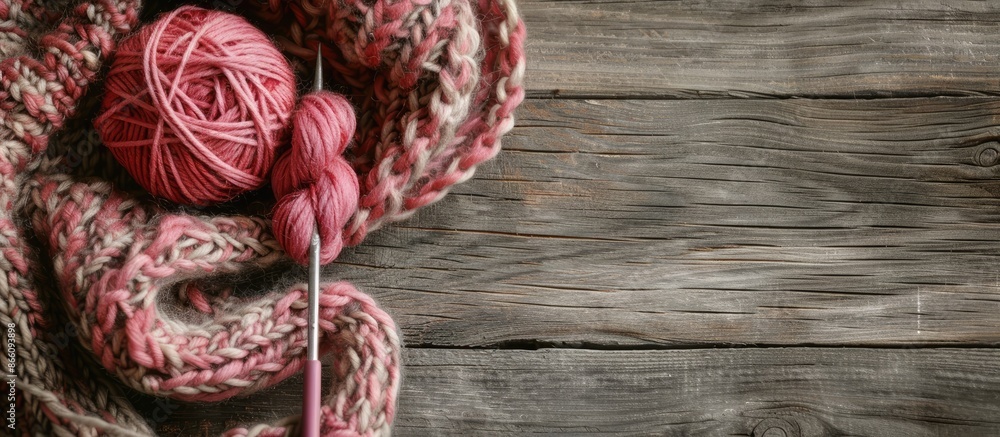 Poster Horizontal image featuring a knitted item with needles and a pink yarn skein on a wooden backdrop, offering copy space.