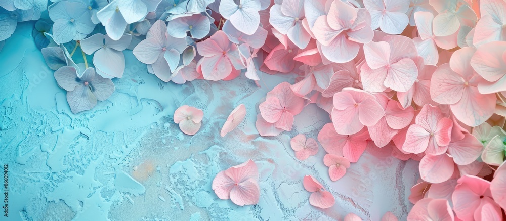 Aufkleber View from above of Hydrangea flowers in soft blue and pink hues on an artistic ink backdrop, with space for text or graphics. Copy space image. Place for adding text and design