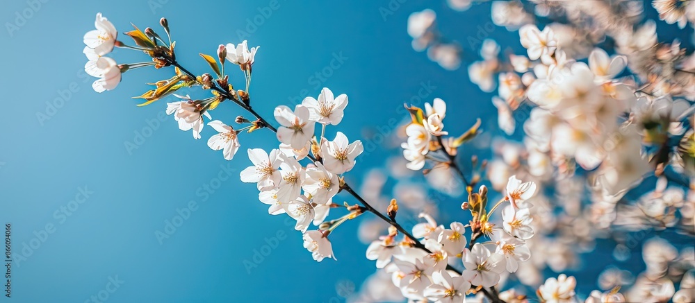 Poster blossoming white cherry trees set against a deep blue sky, providing a serene copy space image.