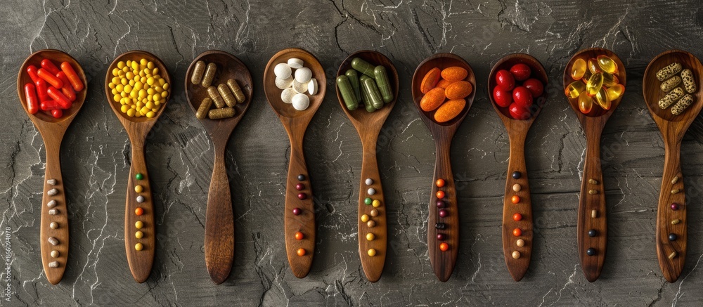 Aufkleber Nutritional supplements displayed in wooden spoons on a textured backdrop with a multivitamin complex for daily use, supporting immunity, with room for text or logos in the image. Copy space image