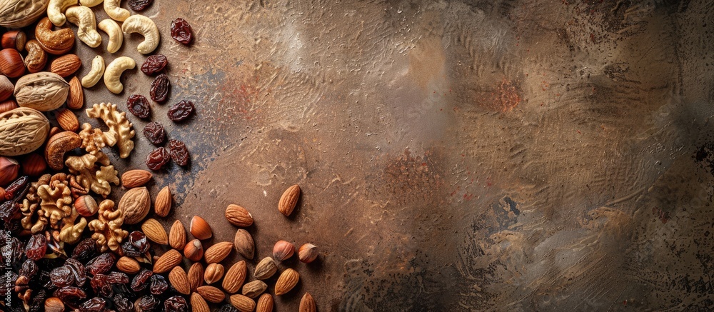Poster various types of nuts including walnuts, cashews, raisins, almonds, and hazelnuts displayed in a tex