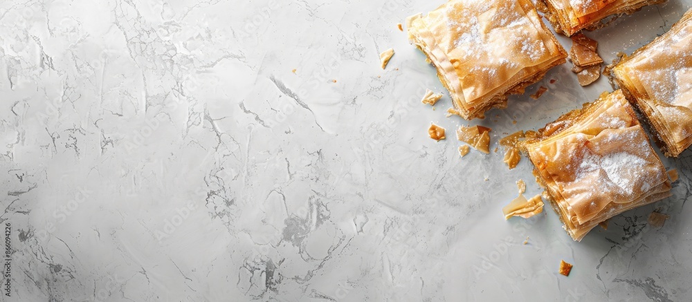 Fototapete sweet baklava displayed on a light grey marble surface from a top-down perspective, with room for te
