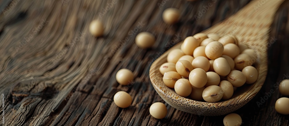 Aufkleber close-up view of soy in a wooden spoon with ample copy space image.