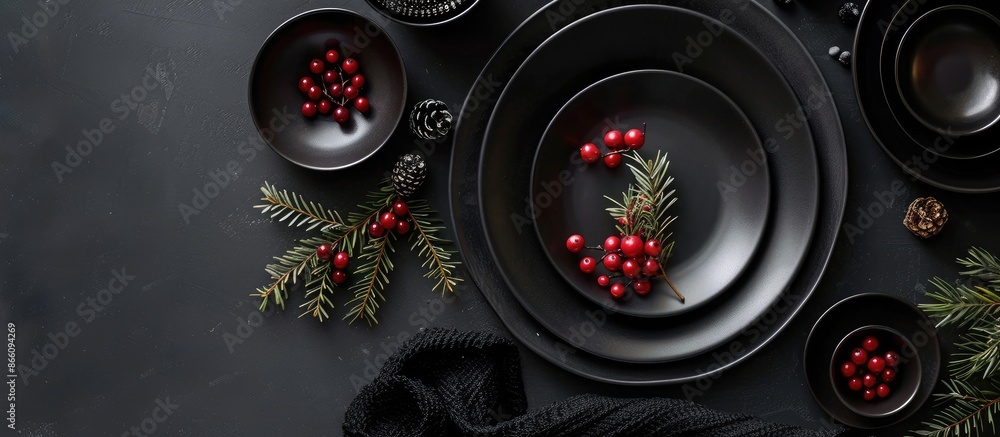Poster christmas-themed table setting with black dishes and festive decor, including a sprig of fir, arrang