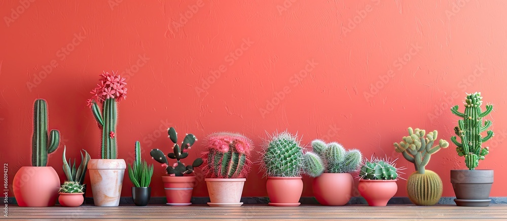 Aufkleber Cactus plants arranged on a table with a blank space for adding text or images, making it ideal for presentations or designs around a desert theme. Copy space image. Place for adding text and design