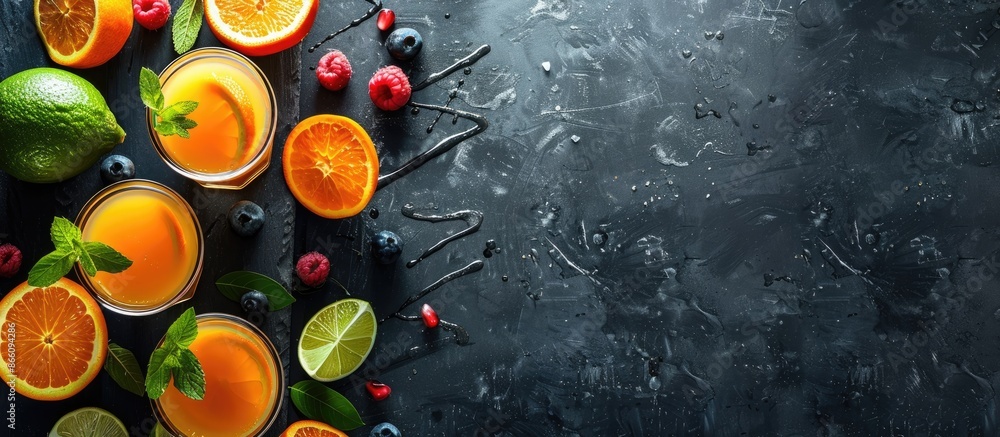 Poster fresh juice inscribed with chalk on a blackboard featuring copy space image.