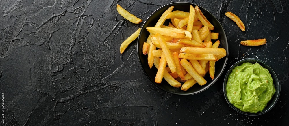 Poster Top-down view of a plate with French fries and avocado dip on a black table with room for text in the image. Copy space image. Place for adding text and design