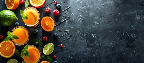 Fresh juice inscribed with chalk on a blackboard featuring copy space image.