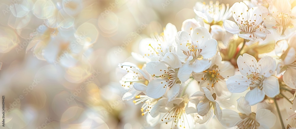 Poster Close-up photo of white cherry flowers with a small depth of field, perfect for a copy space image in spring.