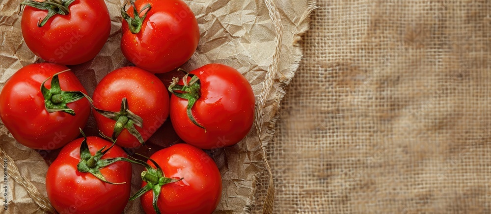 Poster top view of fresh red tomatoes on a rustic brown paper background with a burlap ribbon, perfect for 