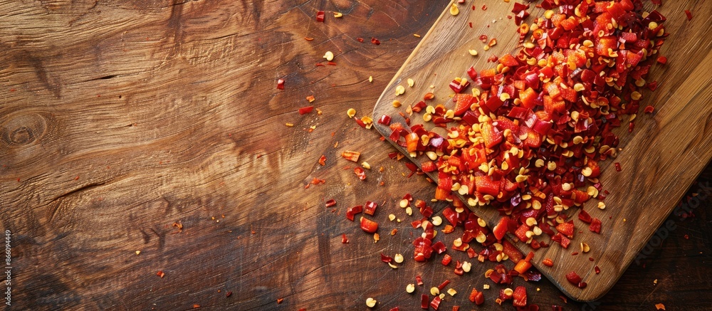Poster view from above showing a scattering of chopped pepper on a wooden board with a close-up perspective