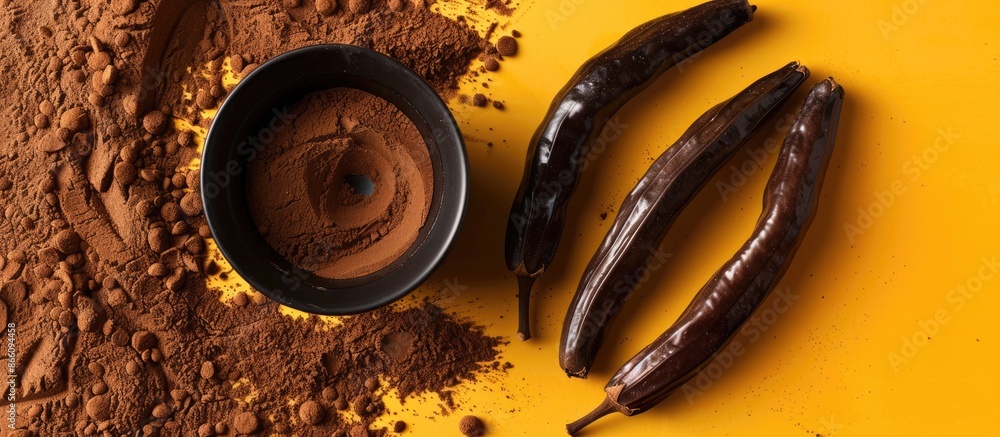 Aufkleber Top view of carob beans and powder on a yellow or brown background with room for text or adding images. Copy space image. Place for adding text and design