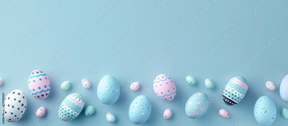 Leinwandbilder light blue background for easter eggs banner with copy space image for text and various egg coloring