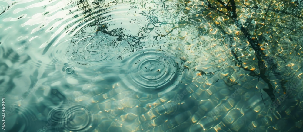 Poster an overhead view of a blurry, transparent water surface with tree shadow and ripples, creating an ab
