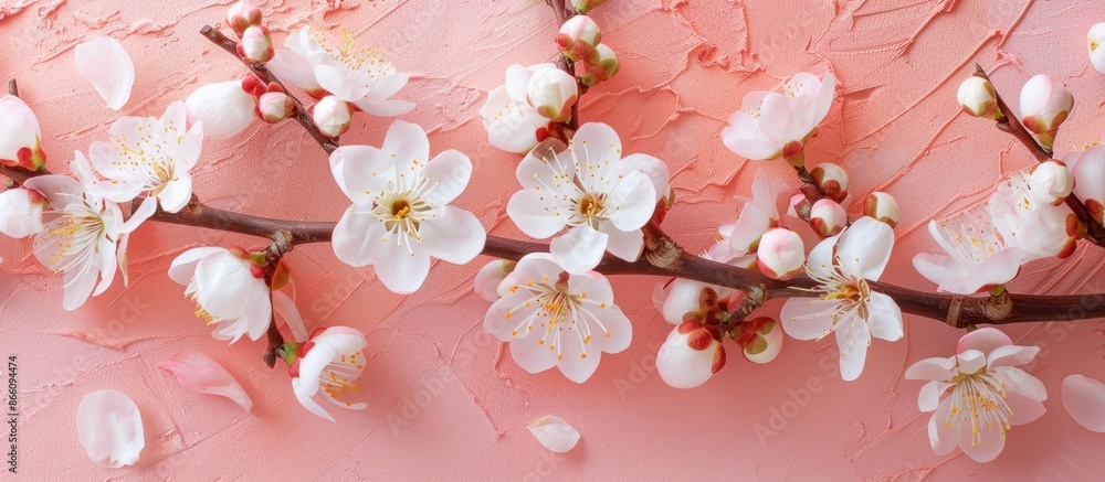 Leinwandbilder an apricot branch with blossoms on a pink backdrop in a flat lay style image, emphasizing the spring