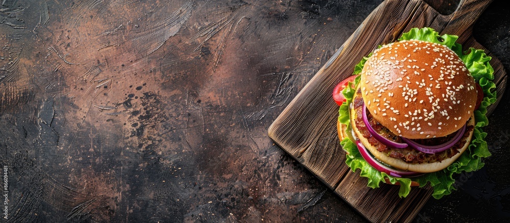 Poster burger with fish patty on a rustic wooden board, with ample copy space image.