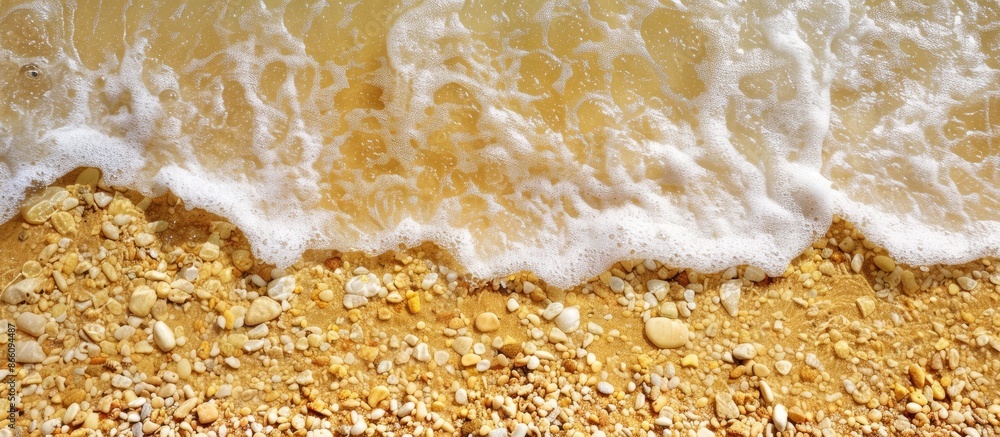 Poster A close-up top view of yellow sand on a beach with water waves and rocks showcases a beautiful vacation spot in summer, with a clear sandy texture surface and copy space image.