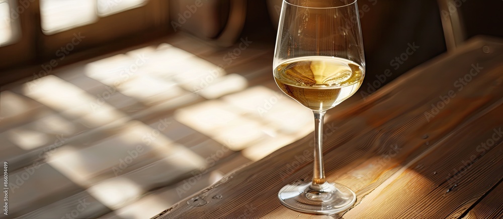 Poster Close-up view of a white wine-filled wineglass on a walnut table with copy space image available.