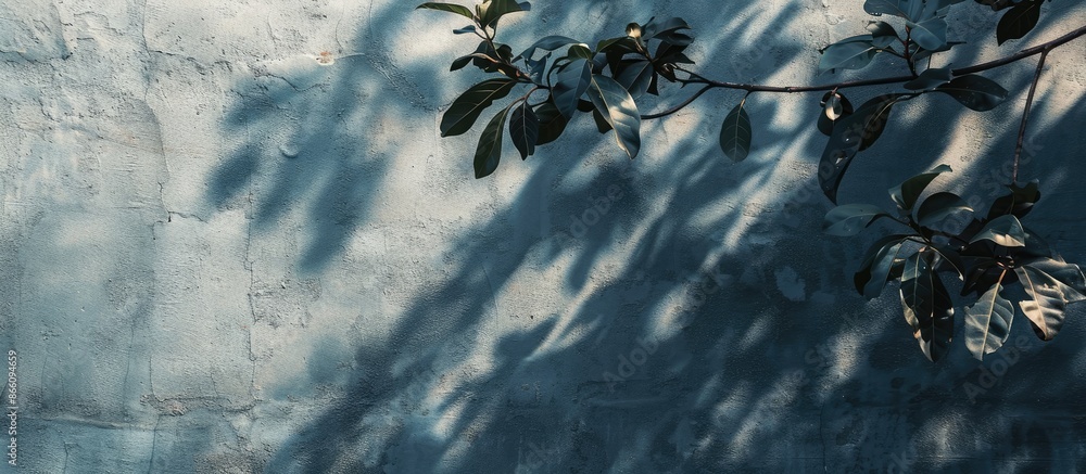 Poster blurry shadow of a leafy tree against a gray wall background with empty copy space image.