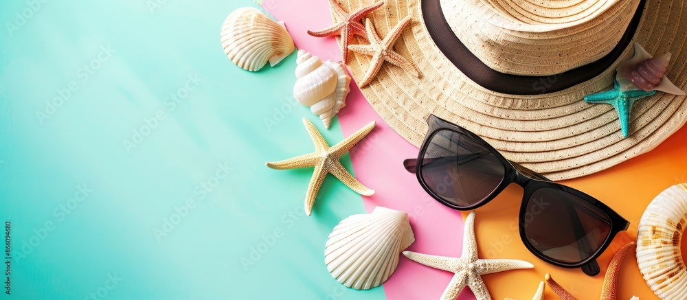 Poster summer beach accessories like shells and sea stars adorned glasses and a hat on a colorful backgroun