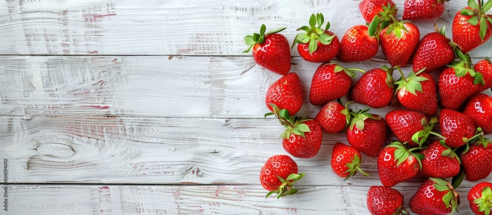 Aufkleber Strawberry fruit smoothie placed on a white wooden table, with a clear area perfect for adding text or graphics known as a copy space image.
