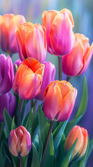 Fototapeta premium Vibrant tulips in shades of magenta and orange, with hints of green leaves, arranged against a subtle gradient of sky blue and lavender.