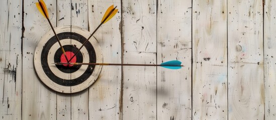 Naklejka premium Three arrows miss bullseye on light wooden backdrop, depicting an unsuccessful business endeavor, with indoor setting and room for copy space image.