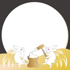 フレーム　秋　十五夜　中秋の名月　お月見　浮世絵　日本画　うさぎ　餅つき　シンプル　背景　イラスト