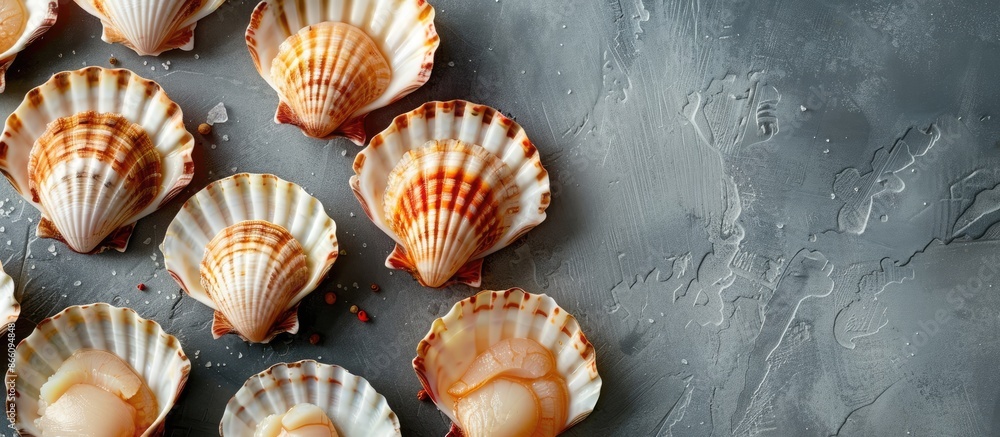 Poster Flat lay with numerous fresh raw scallops in shells on a grey table, offering ample copy space image opportunity.