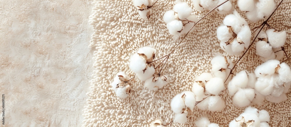 Poster top view of fluffy cotton flowers on a beige terry towel, with room for text in the image. copy spac