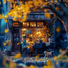Naklejka premium Woman playing piano in cozy bookshop with autumn leaves and a cat. Cozy bookstore, warm light, and magical atmosphere, concept art