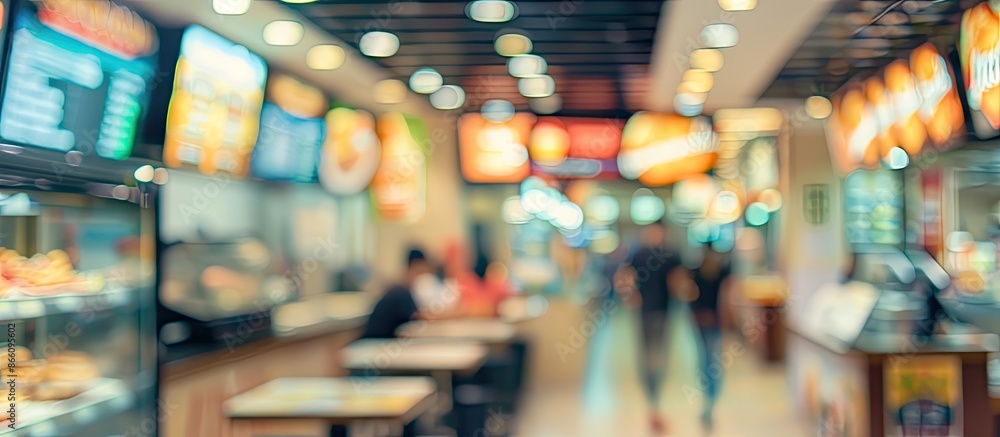 Poster use blurry fast-food outlets in the mall as a design element for your background with copy space ima
