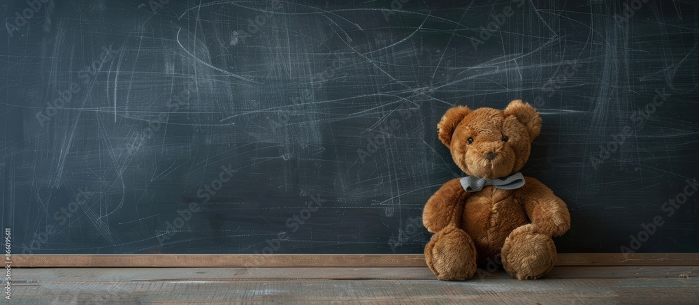 Poster in the background of a blackboard, there is a brown teddy bear with a blank space for content. copy 