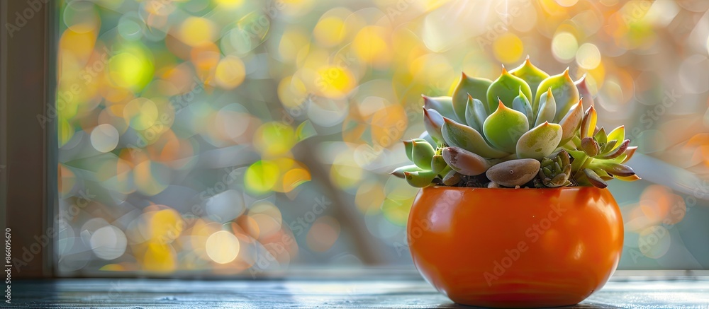 Aufkleber copy space image of succulent plants in a small orange pot on a table by a window, with sunlight cre