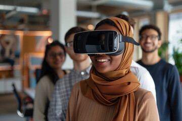 A smiling woman wearing a hijab and VR headset in a modern office, with a diverse group of colleagues in the background, exploring virtual reality technology