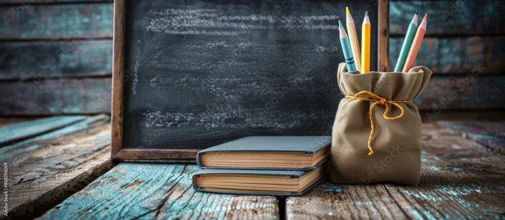 Poster a crayon is placed in a pencil case near a book with a blackboard on the table, creating a setup for