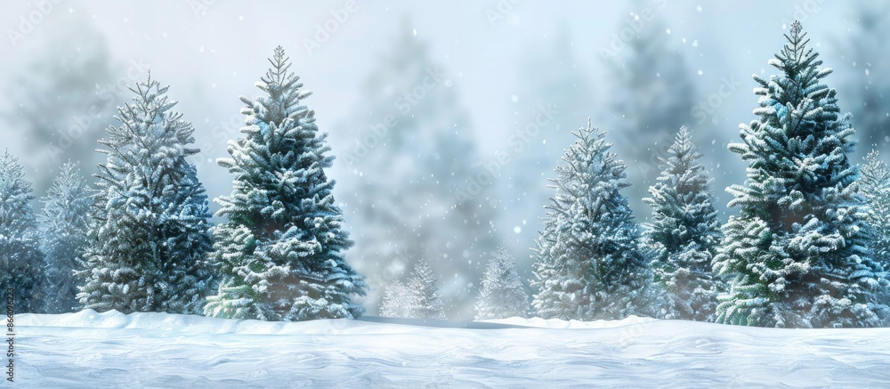 Poster artificial fir trees with snowy backdrop, creating a winter scene for a copy space image.