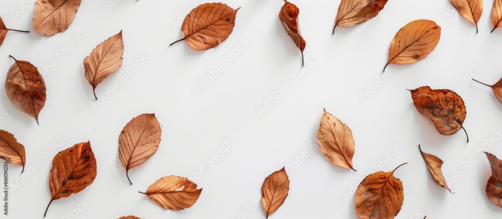 Poster autumn vibes captured with dried leaves on a white background, offering ample copy space in a top-do